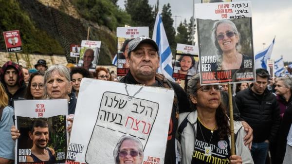 The family of Israeli hostage Maya Goren are seen at a rally in Jerusalem in March